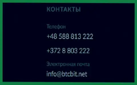 Номера телефонов и электронный адрес компании BTCBit Net