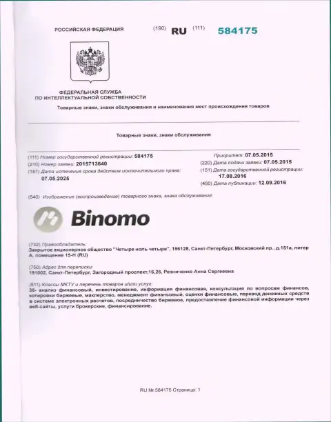 Описание фирменного знака Биномо в Российской Федерации и его правообладатель